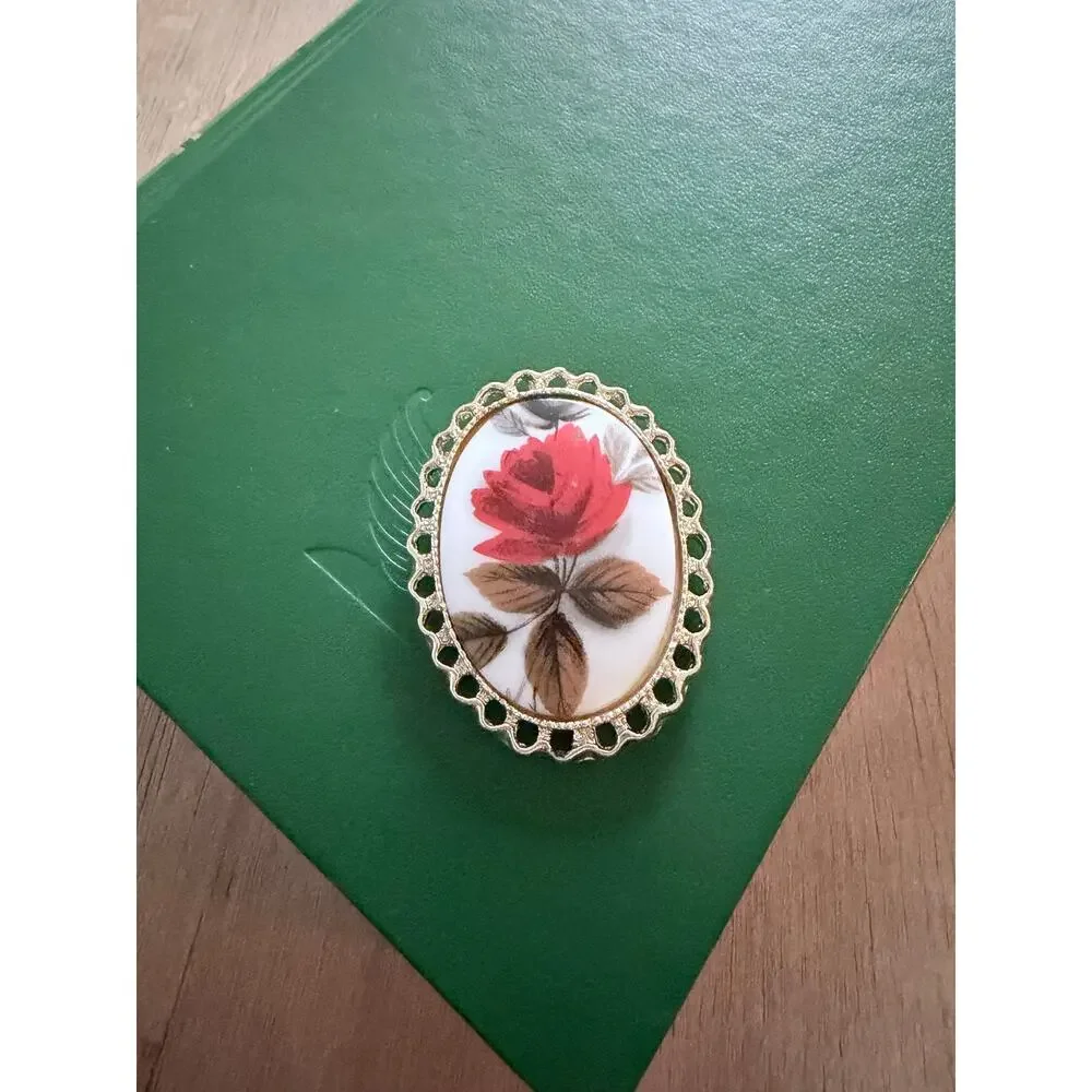Vintage Floral Brooch/Pin Milk Glass Painted Red Rose Leaves Filagree Goldtone